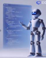 a robot standing in front of a screen